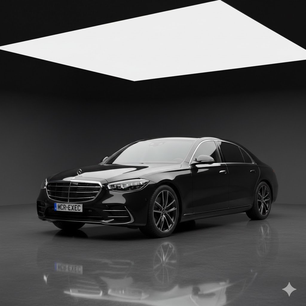 Mercedes S-Class first class saloon for executive chauffeur Manchester Airport bookings