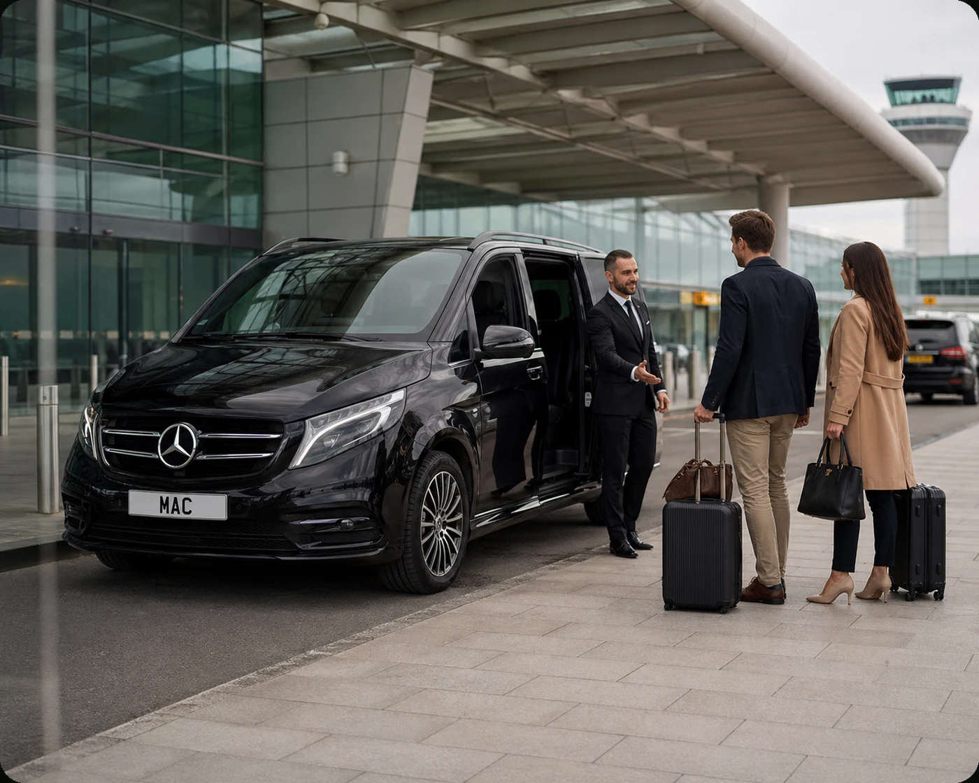 Full-Day Chauffeur Hire Manchester Airport with a black Mercedes V-Class, MAC number plate and professional chauffeur assisting executive passengers outside the terminal