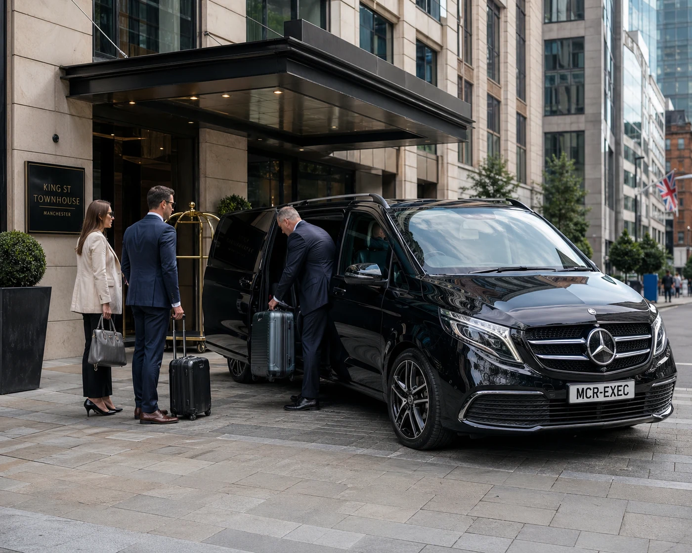 Full-day chauffeur hire with a black Mercedes V-Class assisting executive passengers at a Manchester hotel before a day of meetings