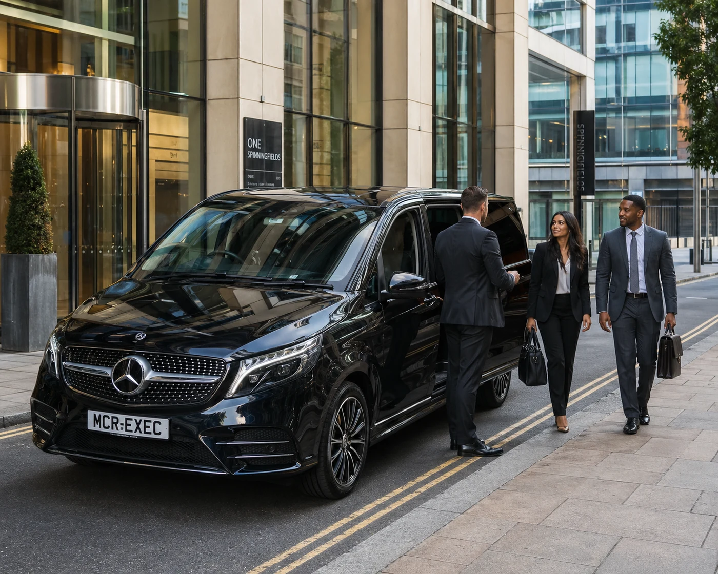 Full-Day Chauffeur Hire for a Manchester business district itinerary with a black Mercedes V-Class and executive passengers