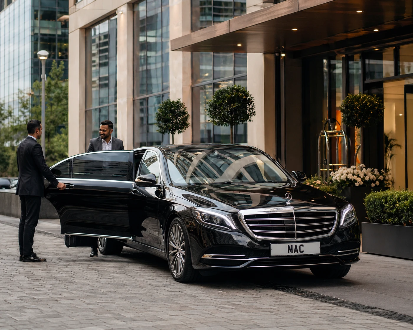 Mercedes S-Class for Full-Day Chauffeur Hire with MAC number plate outside a premium Manchester hotel