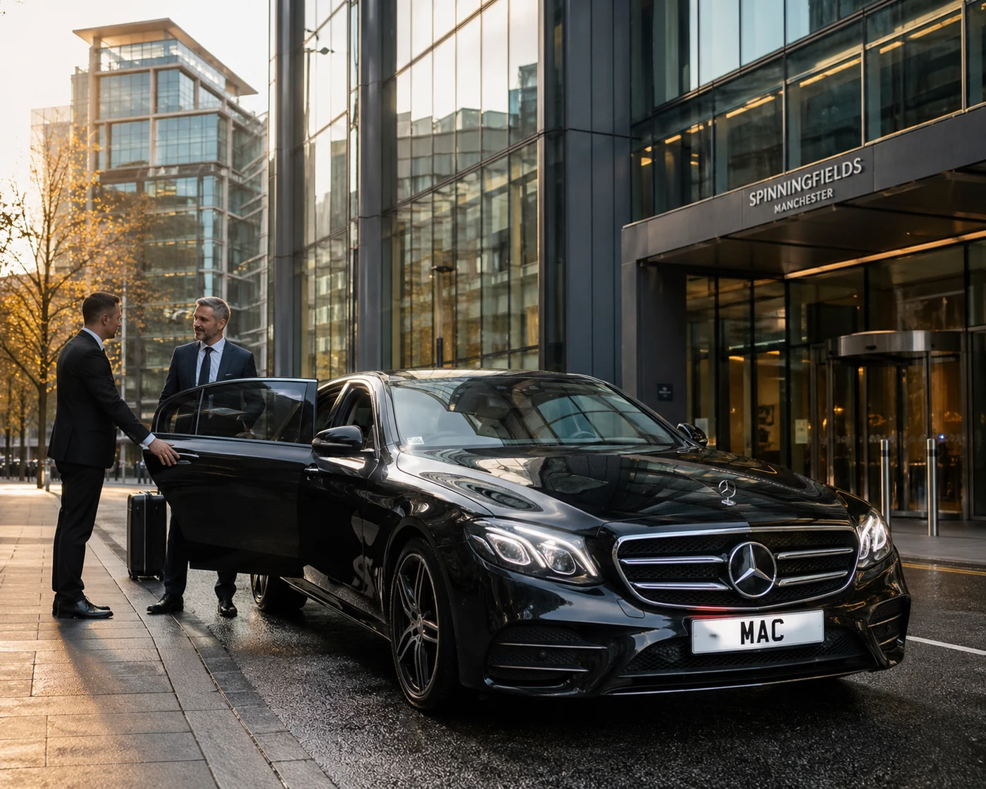 Mercedes E-Class for Full-Day Chauffeur Hire at Spinningfields Manchester with MAC number plate