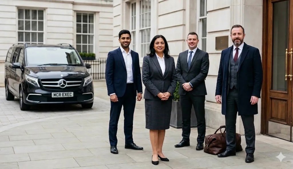Manchester Airport Chauffeur team with Mercedes V-Class executive vehicle outside a corporate building.