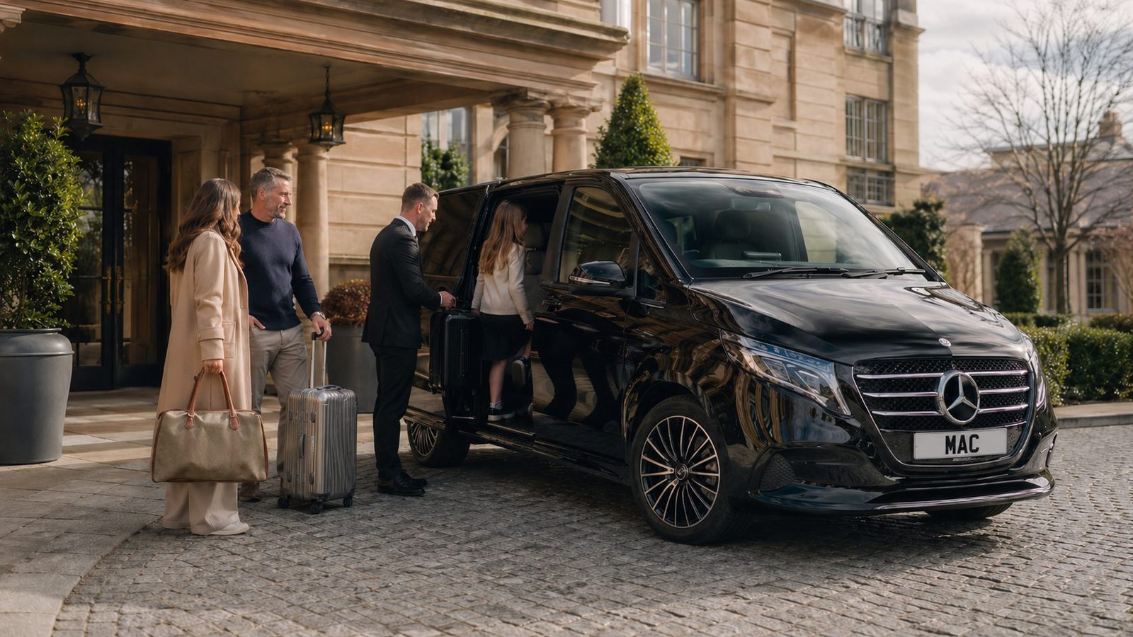 Manchester Airport Chauffeur Mercedes V-Class hotel transfer for family and local passengers with luggage