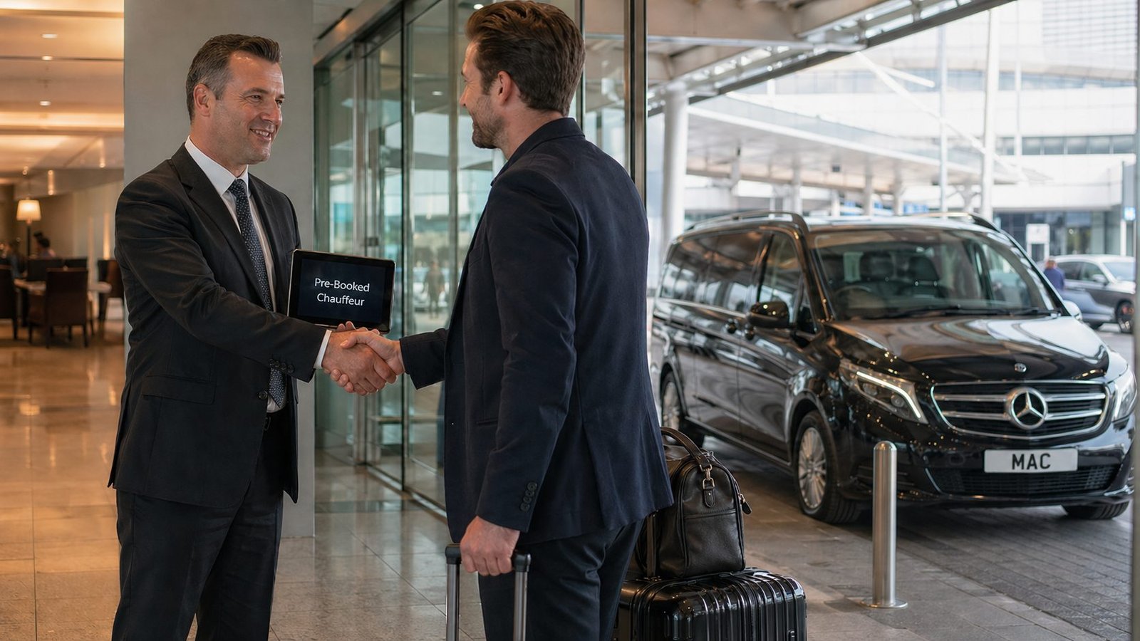 Manchester Airport Chauffeur meet and greet service for international corporate passenger with Mercedes V-Class airport pickup