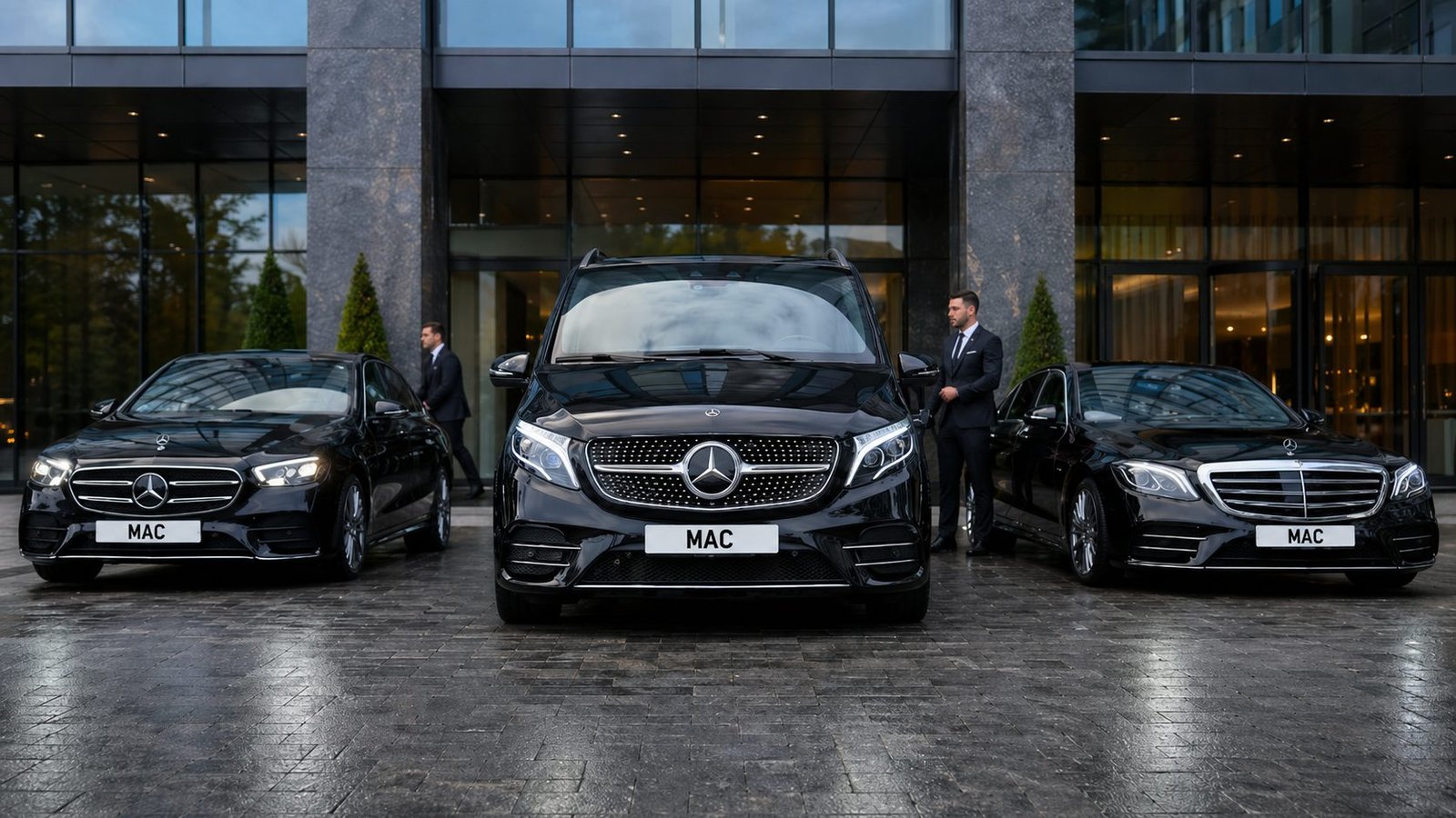 Manchester Airport Chauffeur Mercedes fleet with V-Class, E-Class and S-Class executive vehicles for airport transfers