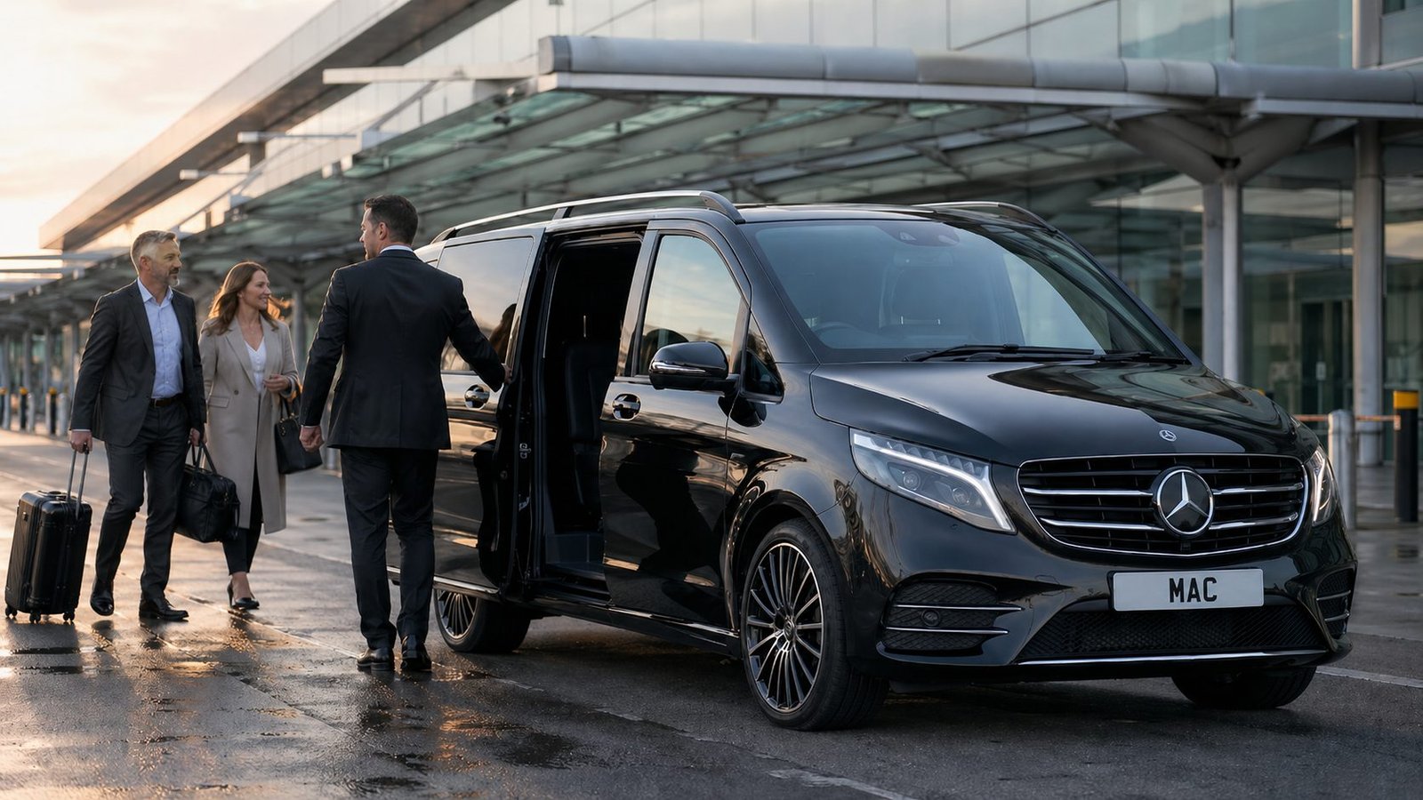 Manchester Airport Chauffeur Mercedes V-Class airport transfer with chauffeur assisting international business passengers at a terminal