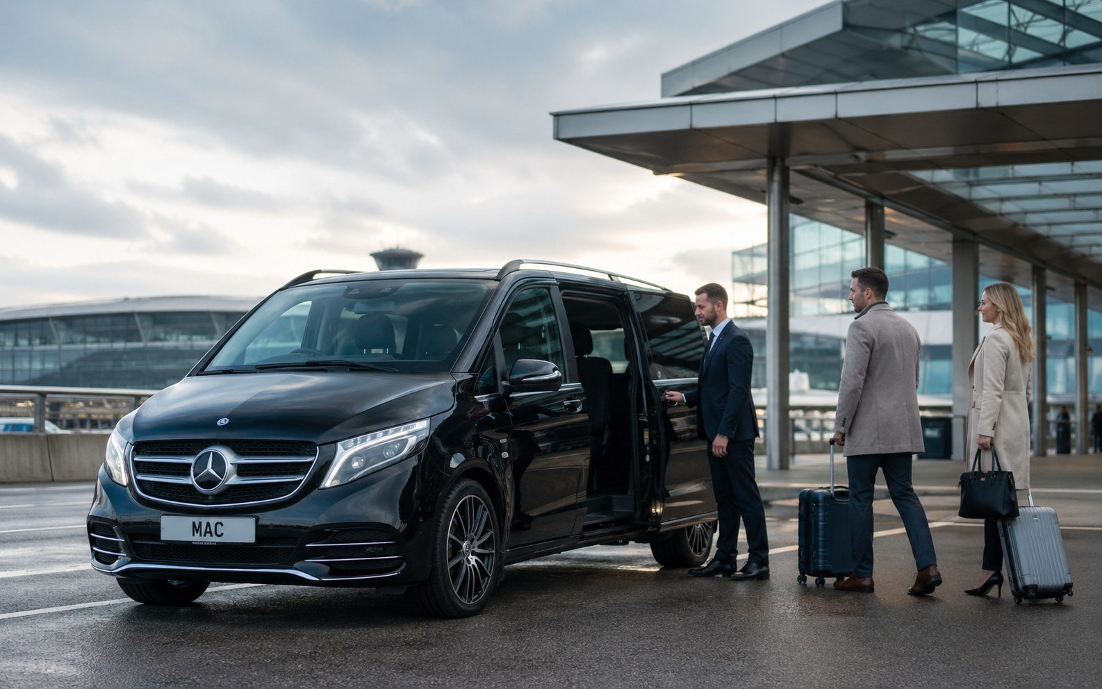 City To City Chauffeur Travel from Manchester Airport with a black Mercedes V-Class outside an airport terminal