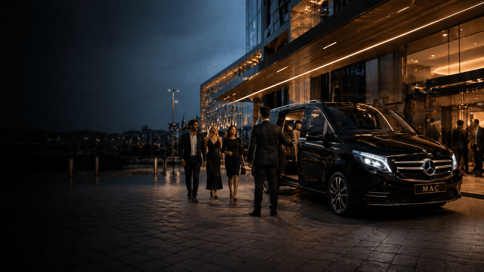 Event Chauffeur Services with a black Mercedes V-Class outside a premium evening venue for Manchester Airport Chauffeur
