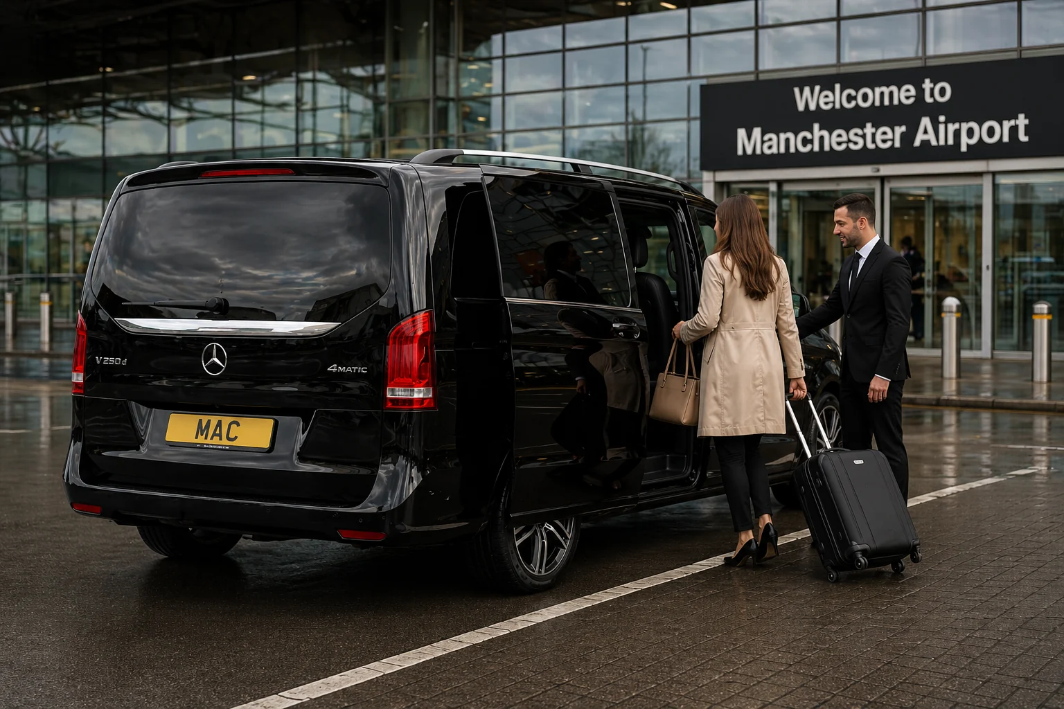 Half-Day Chauffeur Hire Manchester Airport with a black Mercedes V-Class, MAC number plate and professional chauffeur assisting a traveller outside the terminal