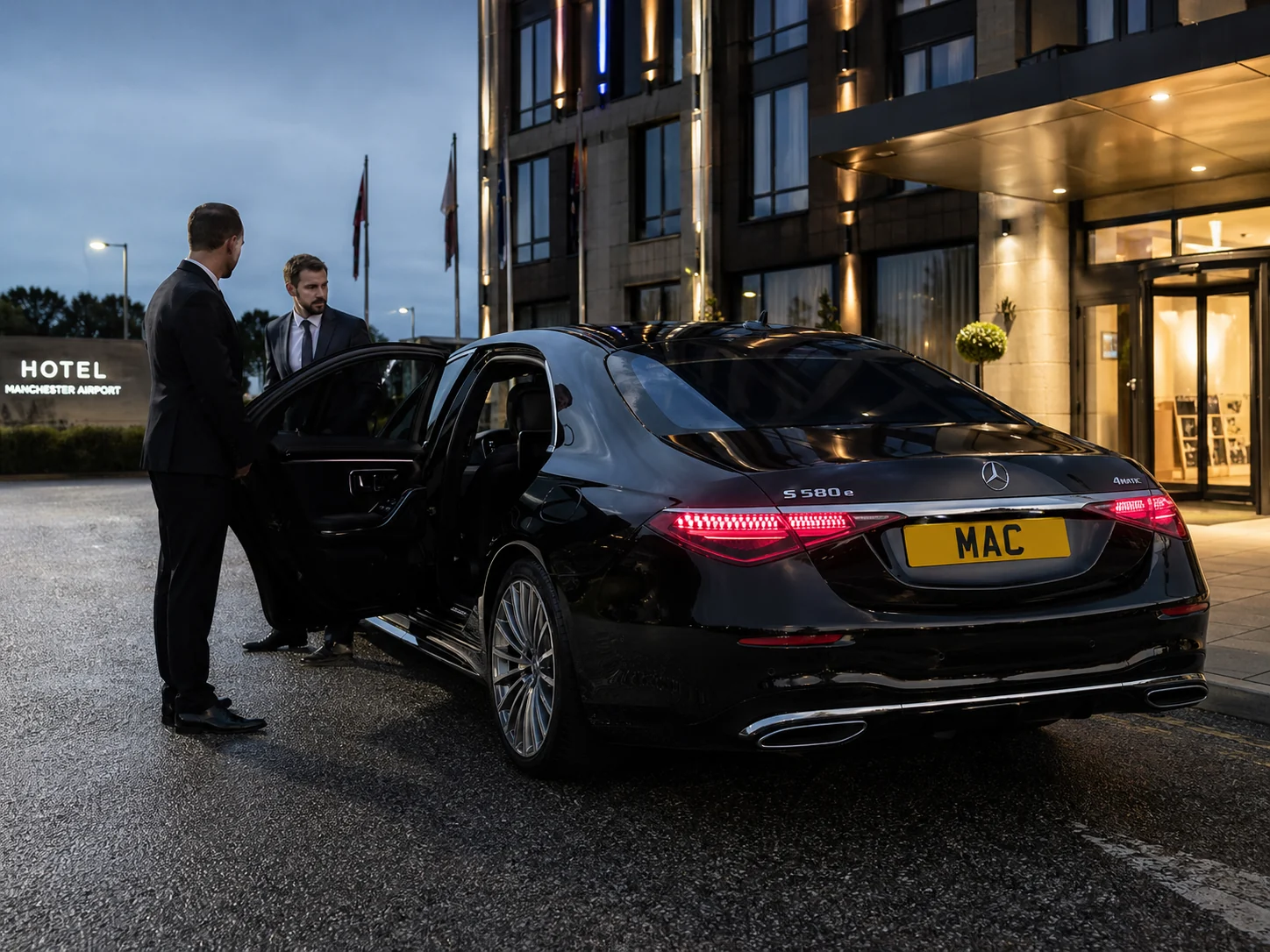 Half-Day Chauffeur Hire Manchester Airport for hotel arrival, meeting travel and short business schedules with a black Mercedes chauffeur vehicle