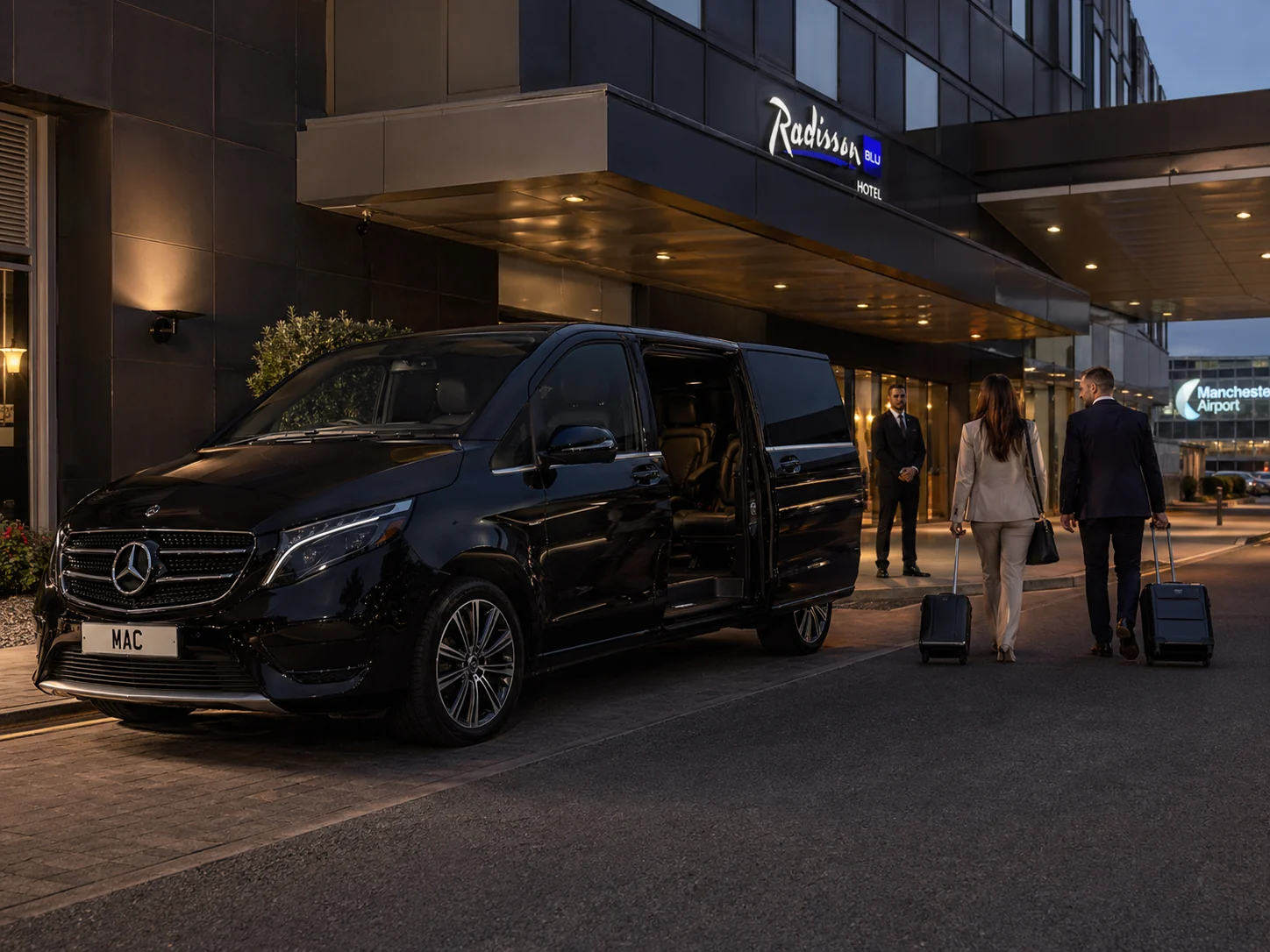 Half-Day Chauffeur Hire Manchester Airport for hotel transfer and compact part-day itinerary with a black Mercedes chauffeur vehicle and MAC number plate