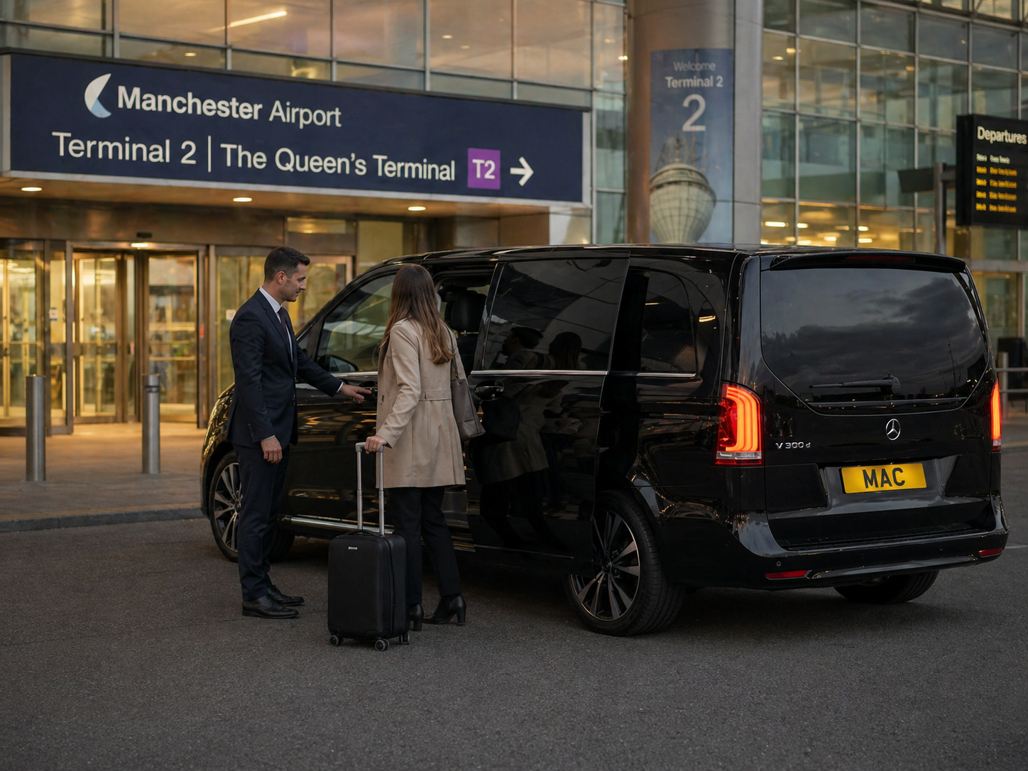 Hourly Chauffeur Hire Manchester Airport with a black Mercedes V-Class, MAC number plate and professional chauffeur assisting a business traveller with luggage outside the terminal