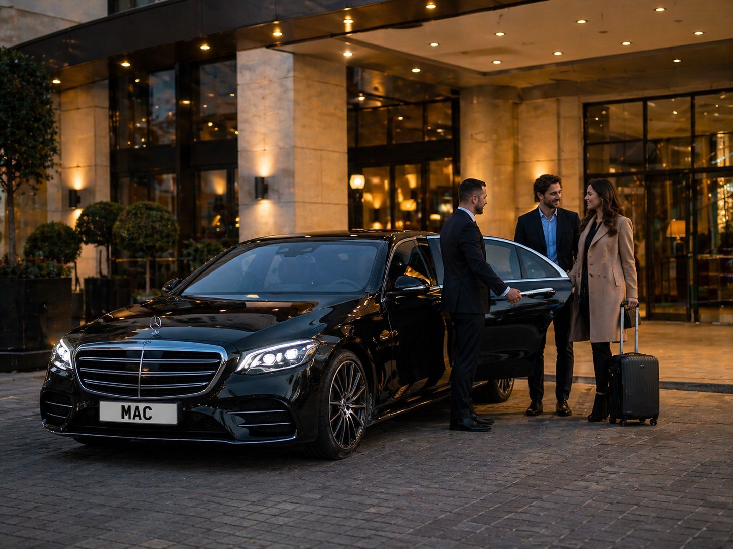 Luxury hotel point-to-point transfer with chauffeur opening the rear door of a black Mercedes