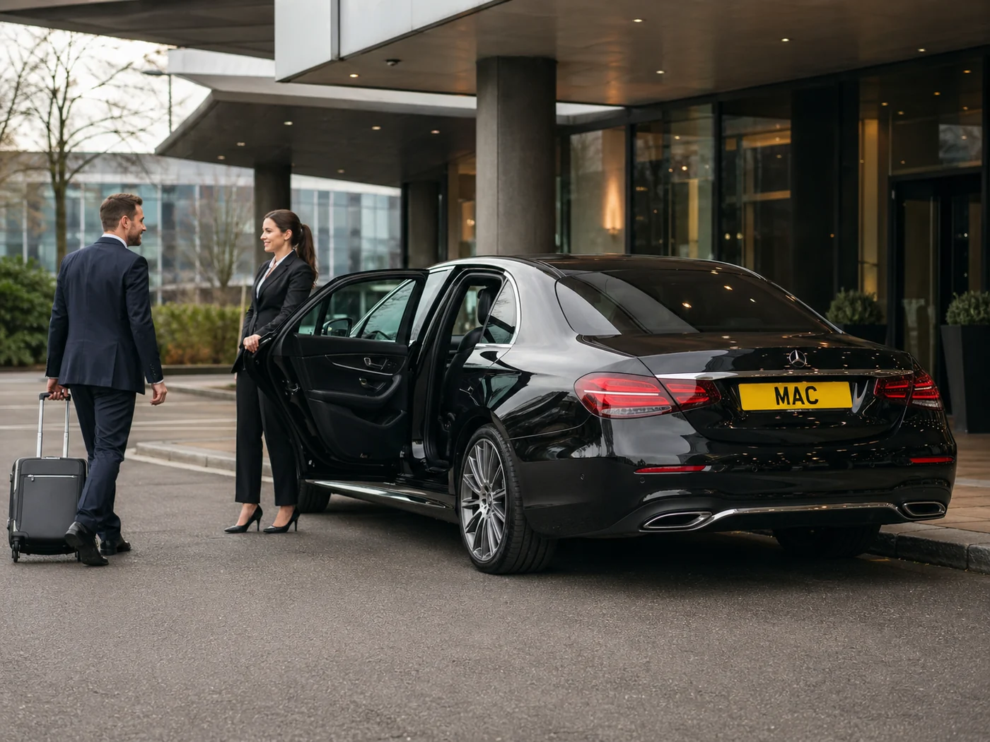 Manchester Airport hourly chauffeur hire with a black Mercedes E-Class, MAC number plate and professional chauffeur opening the door for a business traveller outside an airport hotel