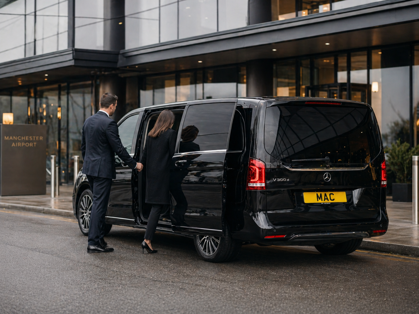 Hourly chauffeur services Manchester Airport passengers can use for multi-stop business travel with a black Mercedes V-Class, MAC number plate and professional chauffeur opening the door