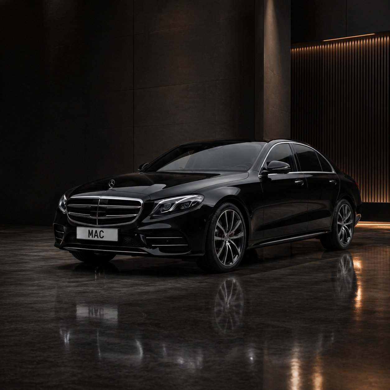 Mercedes E-Class chauffeur hire vehicle prepared for executive airport travel
