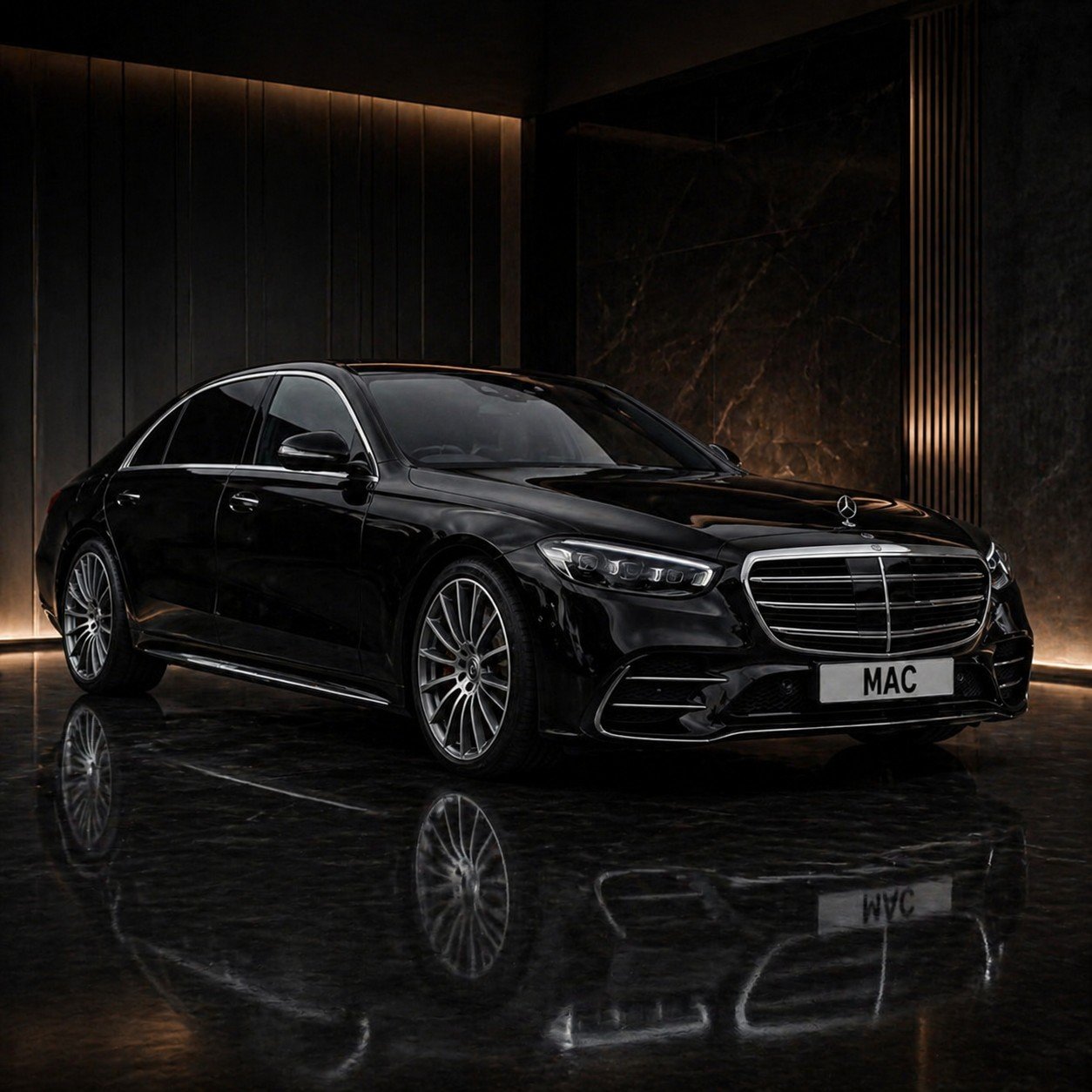 Mercedes S-Class chauffeur hire vehicle prepared for premium airport and executive travel