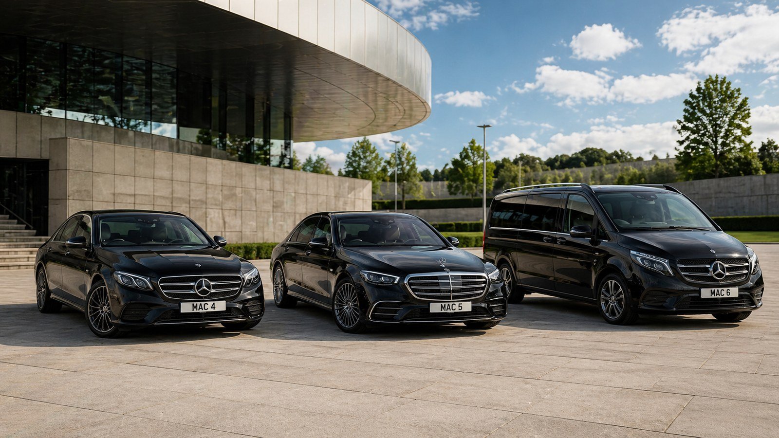 Multi-Day Chauffeur Hire Mercedes fleet with black E-Class, S-Class and V-Class vehicles for Manchester Airport Chauffeur clients