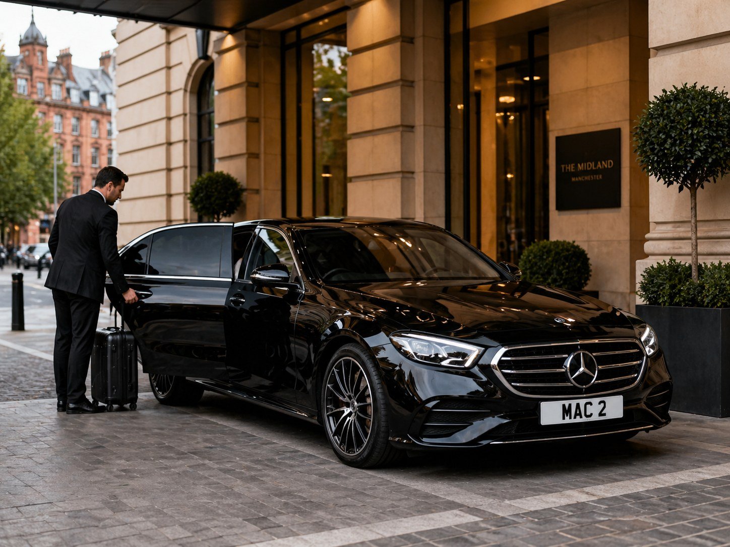 Multi-Day Chauffeur Hire with a black Mercedes E-Class outside a Manchester hotel for a planned airport and business itinerary
