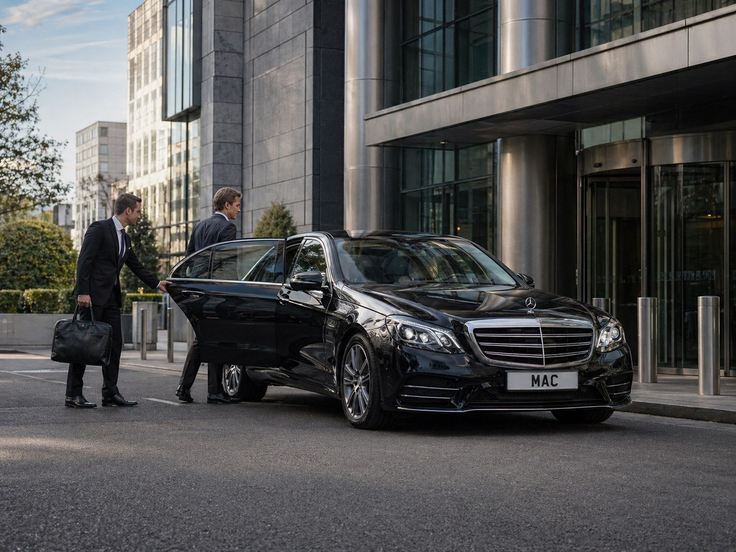 Chauffeur transfers for business clients using a black Mercedes outside a modern office building