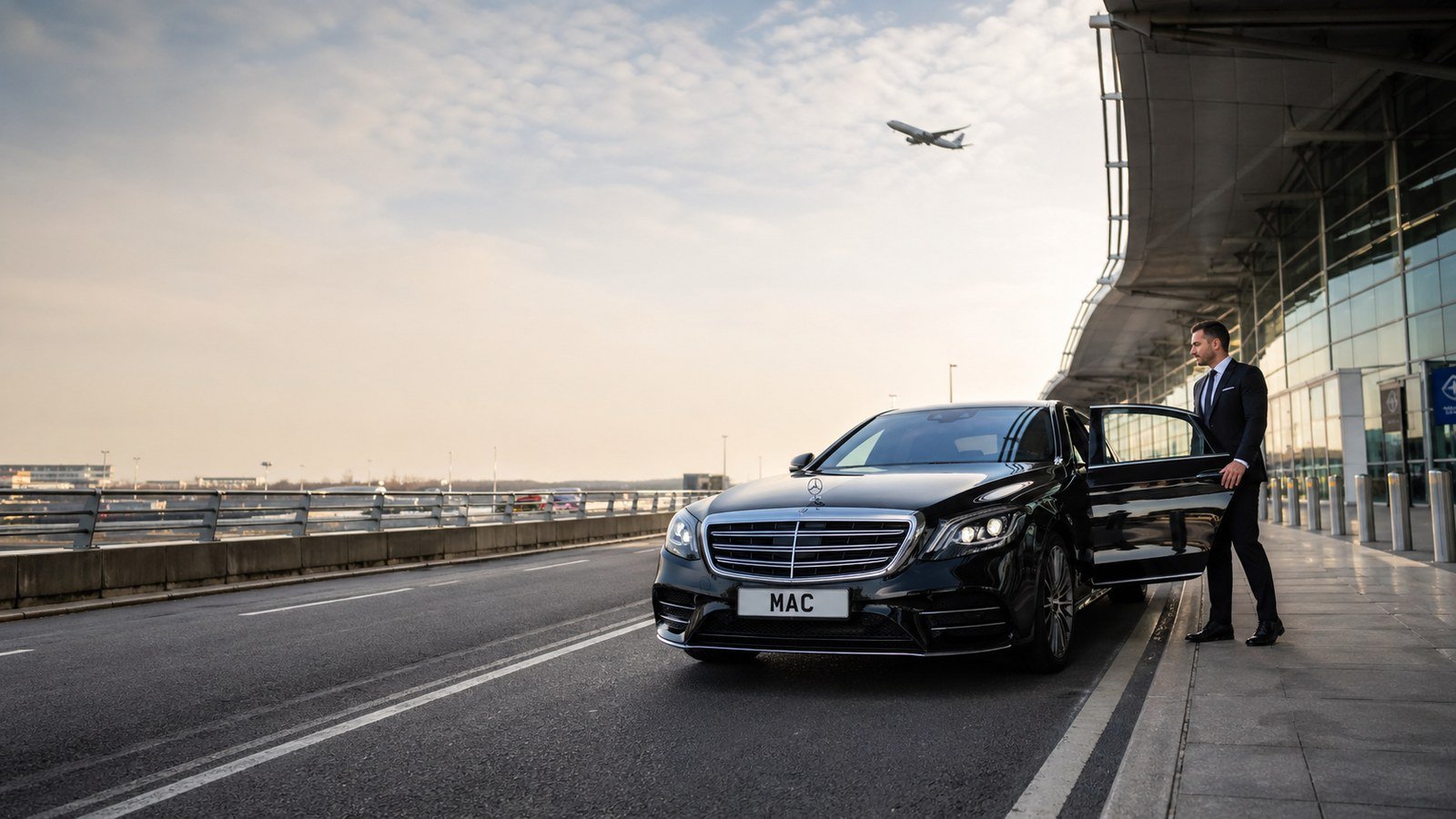 Point-to-point transfers with a professional chauffeur and black Mercedes vehicle at an airport terminal