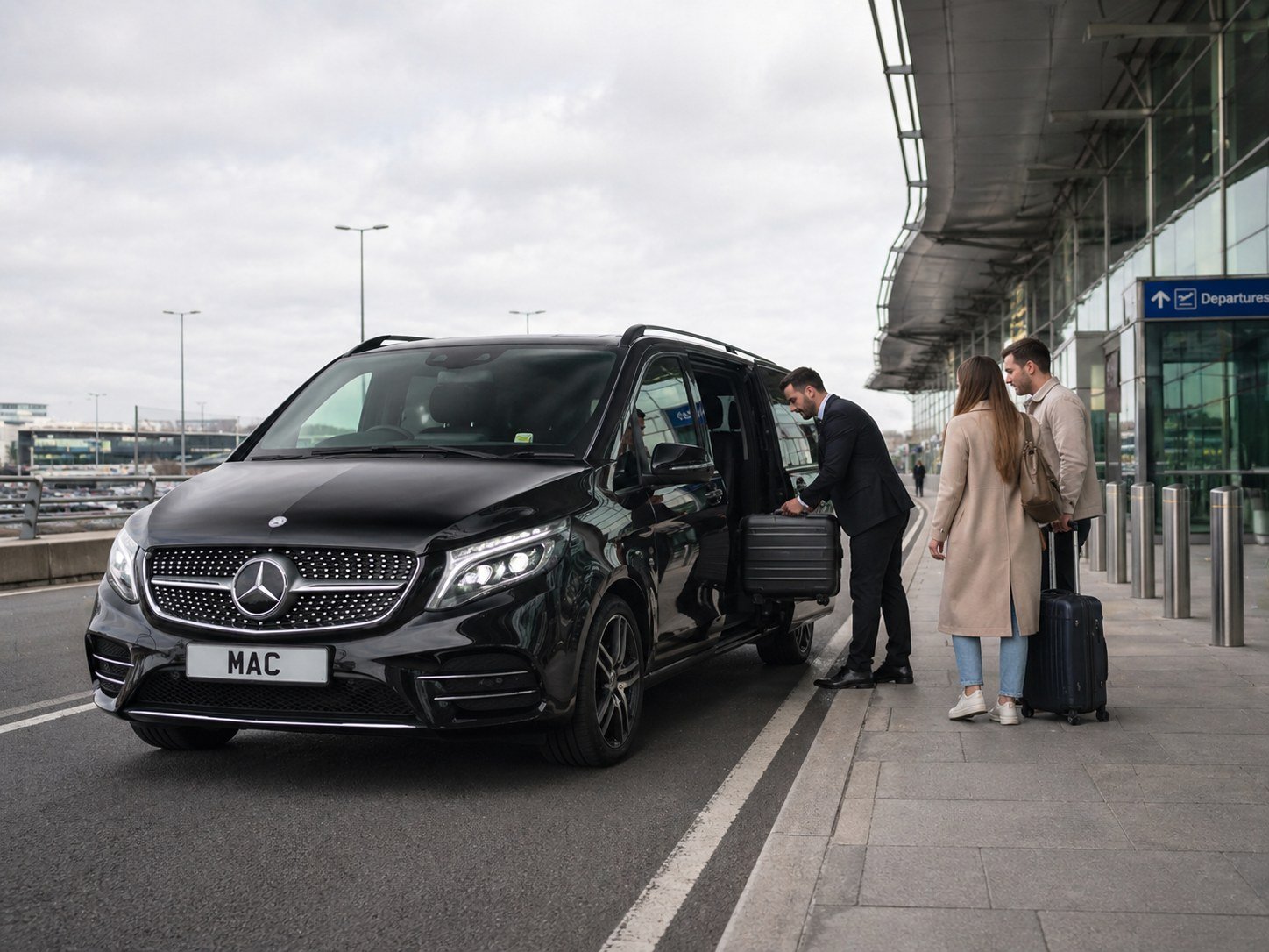 Private airport transfer with a Mercedes V-Class and chauffeur loading luggage at departures