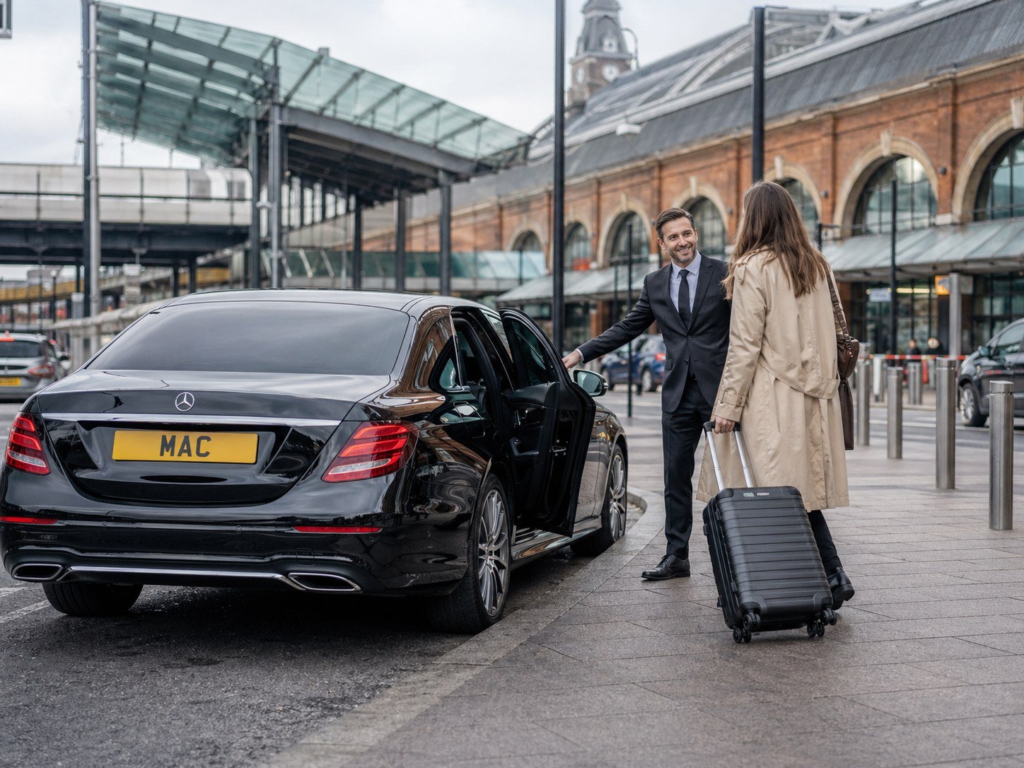 Station to hotel chauffeur transfer with professional chauffeur greeting a traveller with luggage