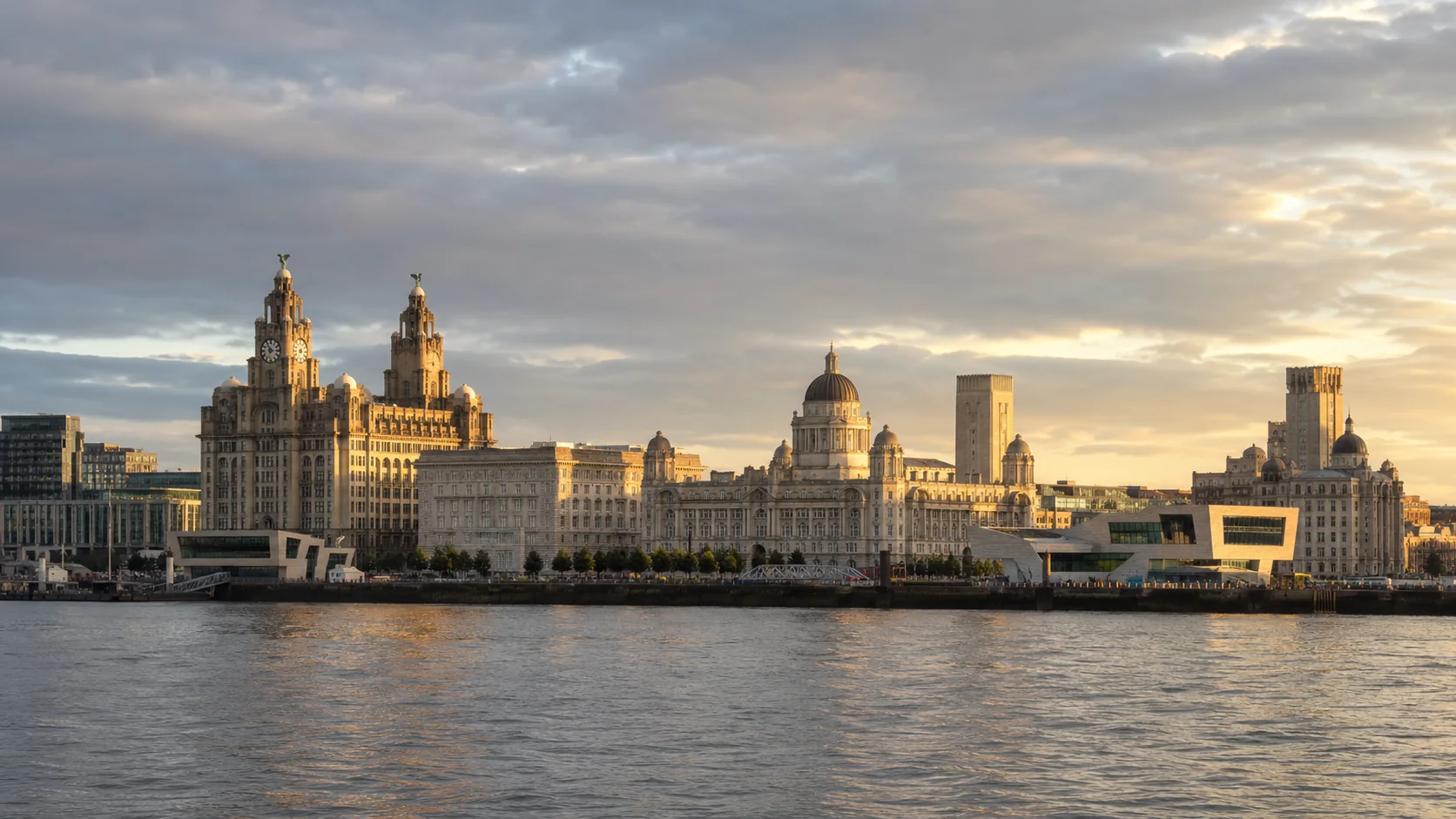 Liverpool waterfront at Pier Head with the Royal Liver Building