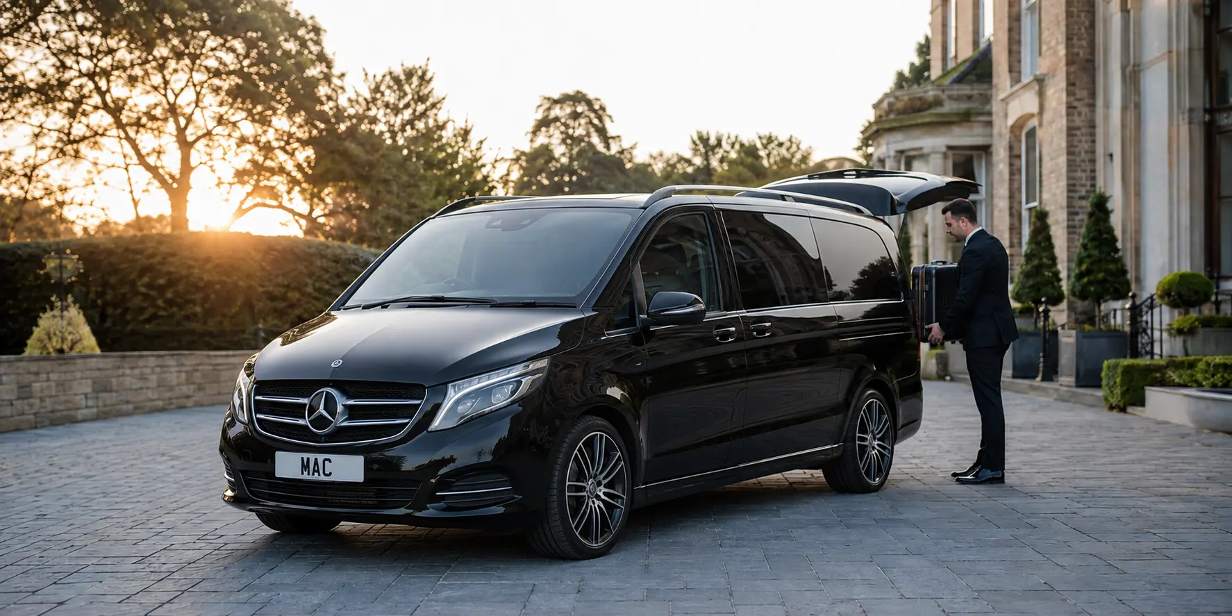 MAC chauffeur loading luggage into a black Mercedes V-Class for an Alderley Edge airport journey