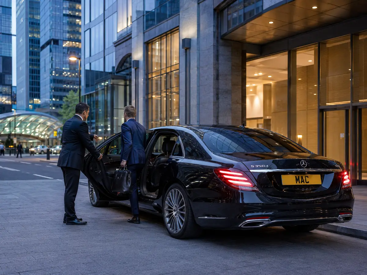 Black Mercedes chauffeur car arriving in Canary Wharf for executive travel
