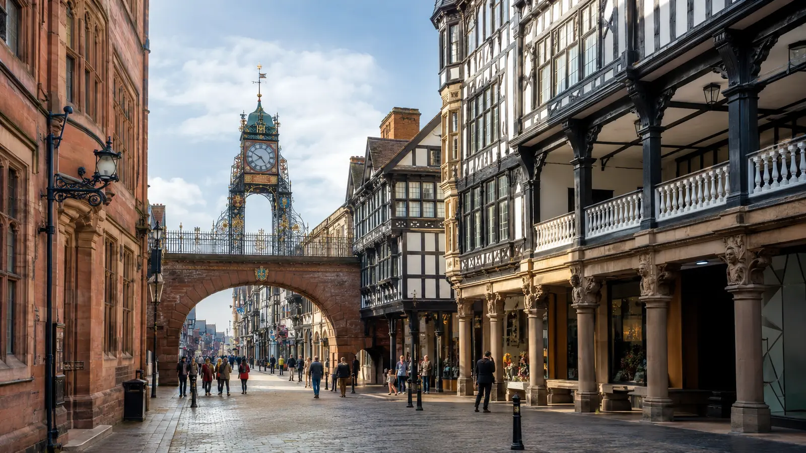 Chester Eastgate Clock and the historic Rows in the city centre