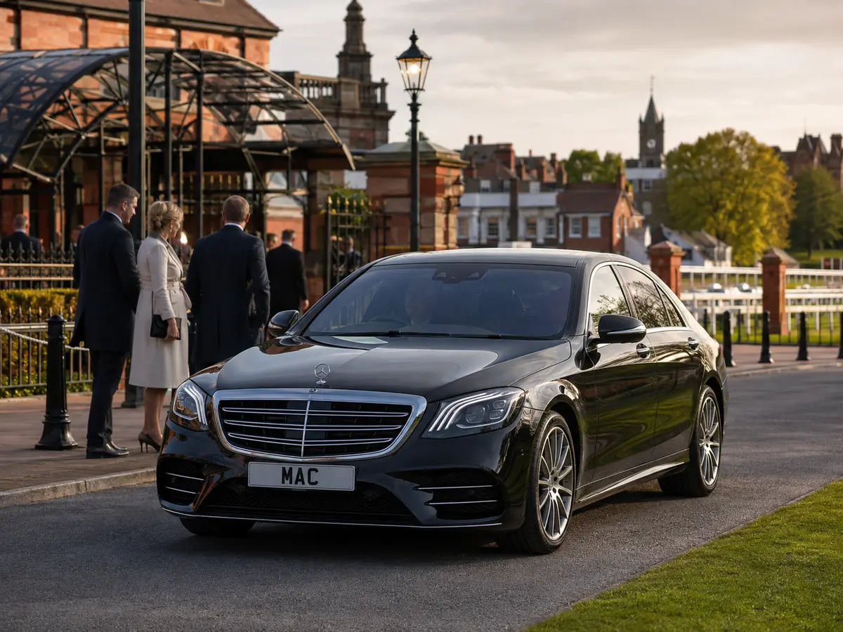 Black Mercedes S-Class arriving for an event at Chester Racecourse