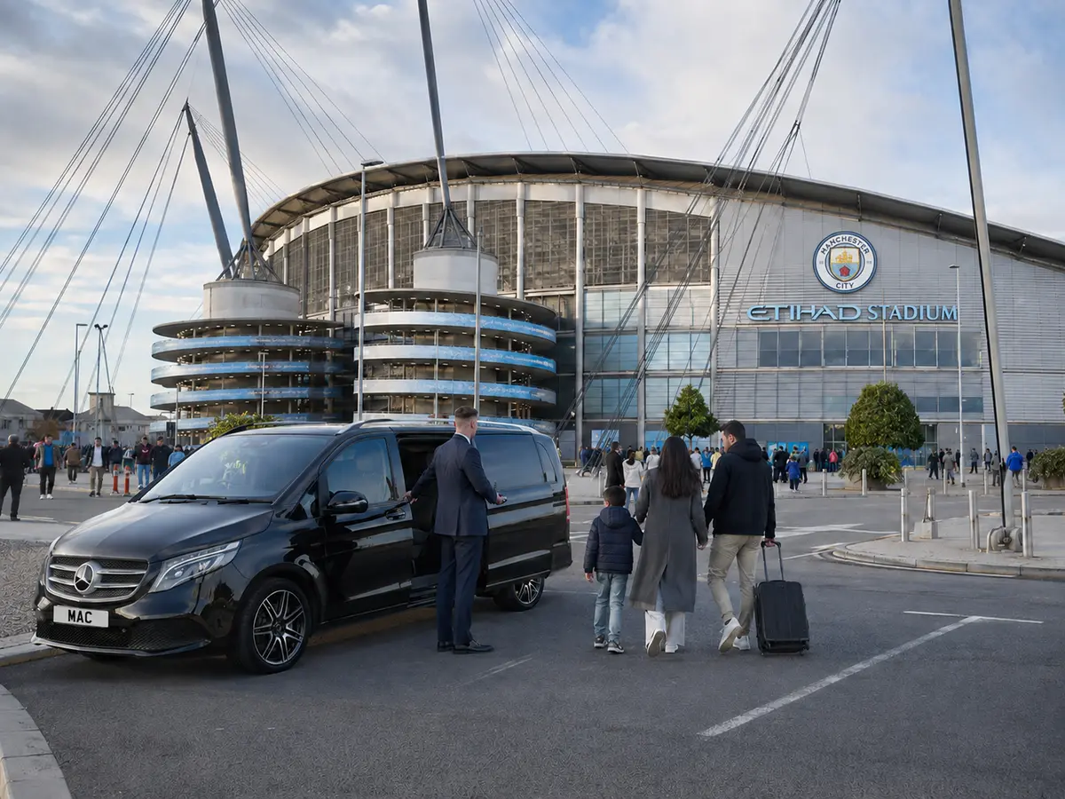 MAC Mercedes V-Class match-day chauffeur arrival at Manchester City Etihad Stadium