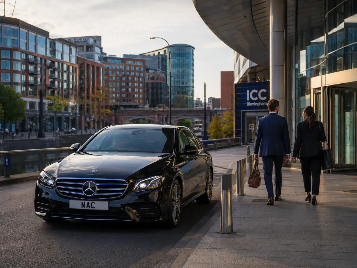 Black MAC Mercedes arriving for a corporate chauffeur journey at ICC Birmingham