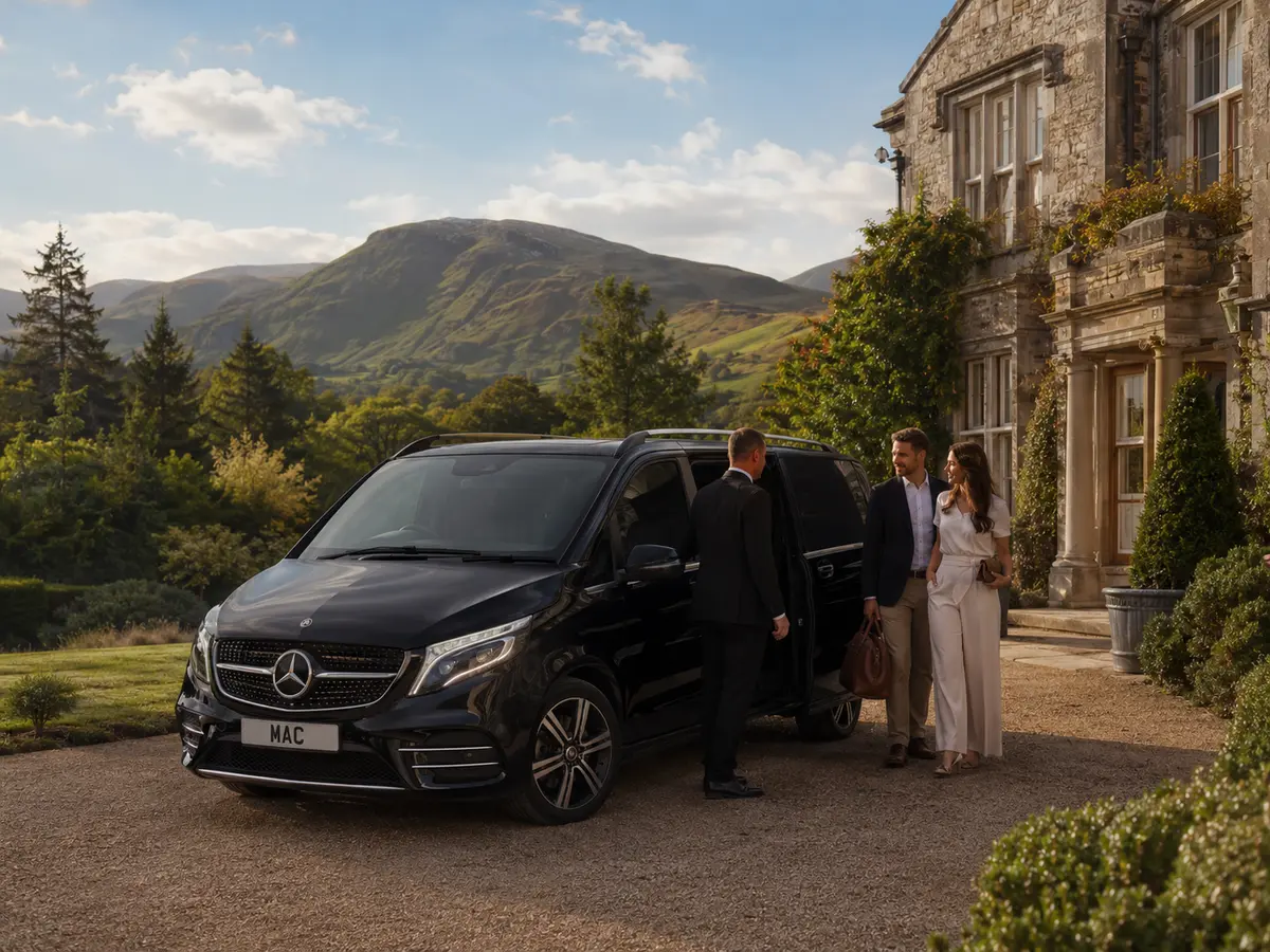Black MAC Mercedes arriving at a Lake District country hotel and estate