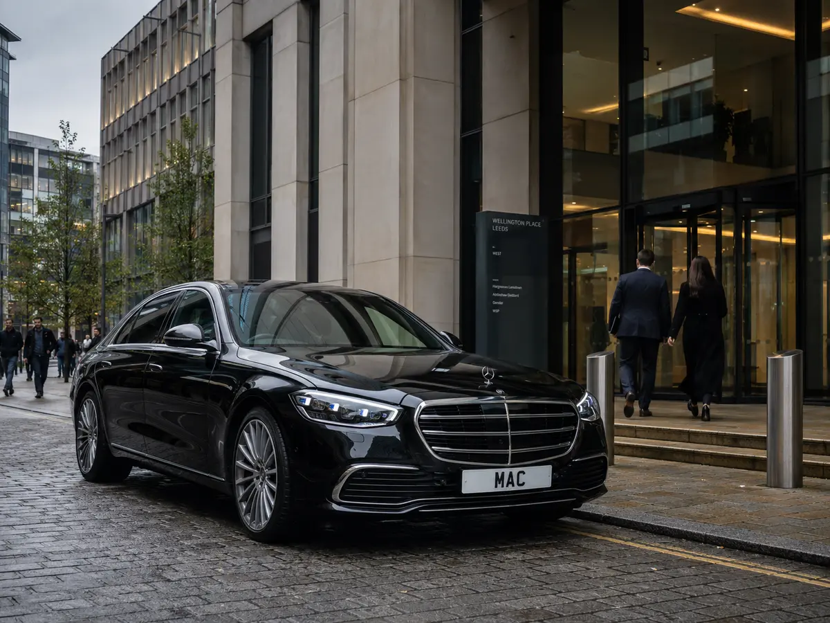 Black Mercedes S-Class arriving at Wellington Place in Leeds for executive travel