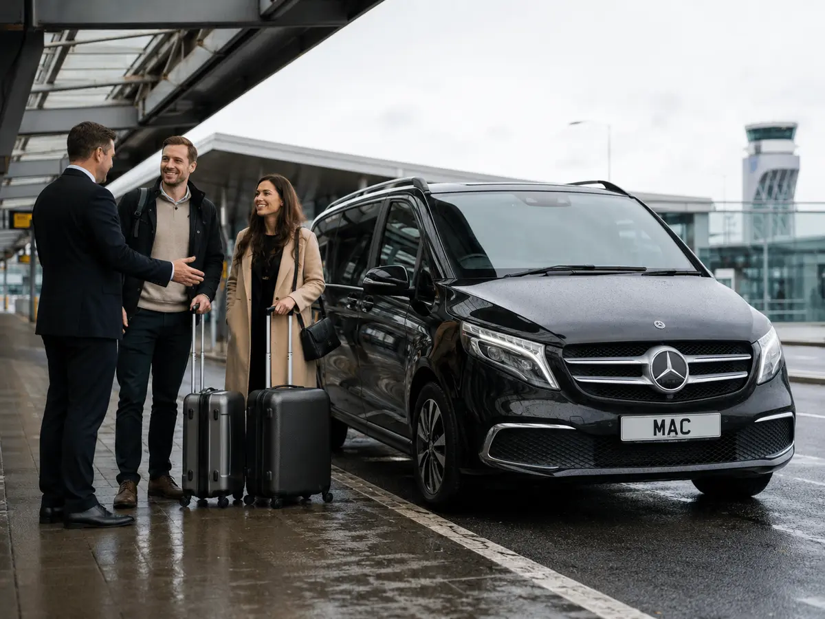 Chauffeur welcoming passengers beside a black Mercedes V-Class at Manchester Airport