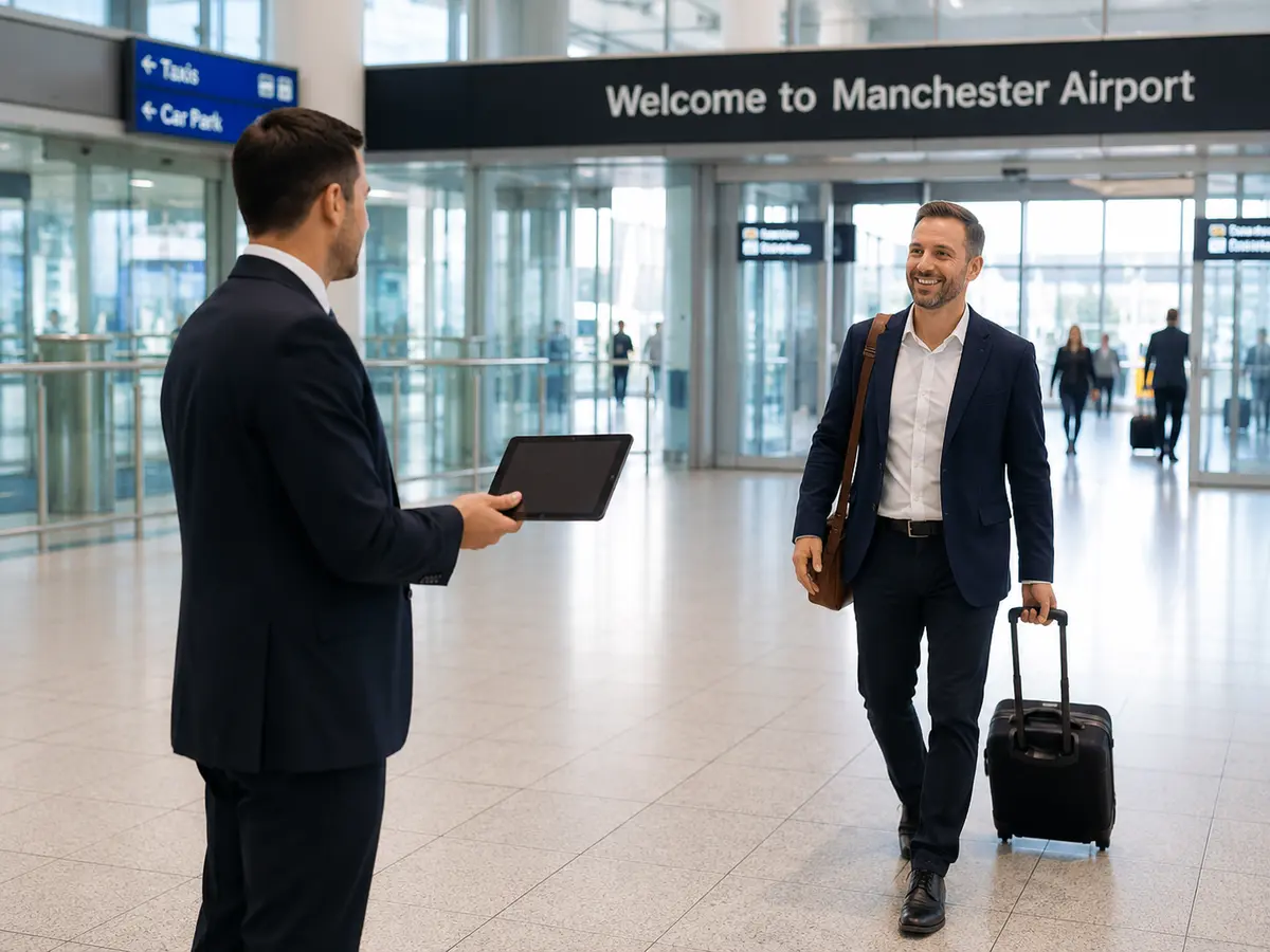 MAC chauffeur meeting an arriving passenger at Manchester Airport for onward travel to Leeds