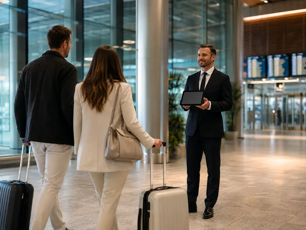 Chauffeur meeting an arriving passenger at Manchester Airport before an onward road journey