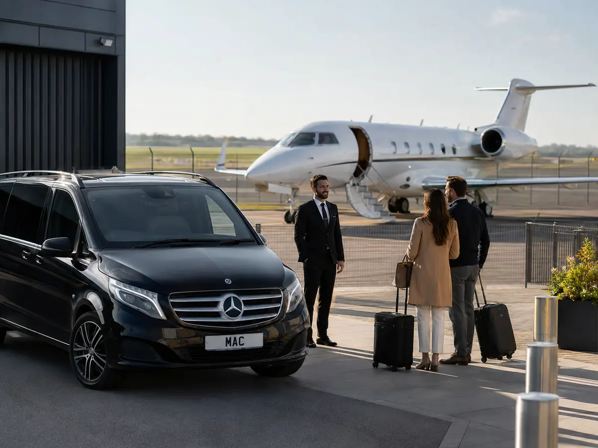 MAC Mercedes chauffeur collection arranged beside a Manchester private-aviation facility