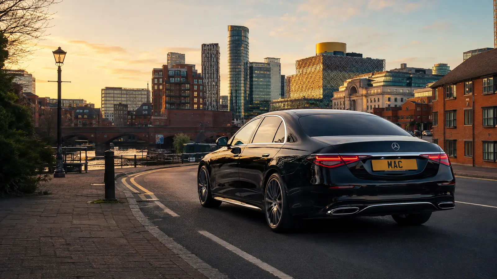 Black MAC Mercedes arriving in Birmingham for a chauffeur journey from Manchester Airport