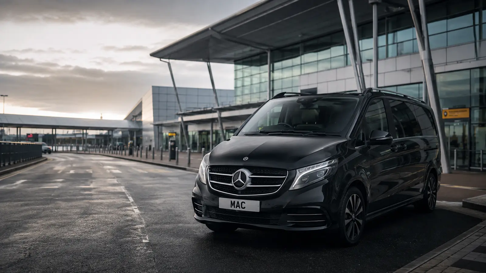 Black Mercedes V-Class prepared at Manchester Airport for chauffeur travel to Leeds