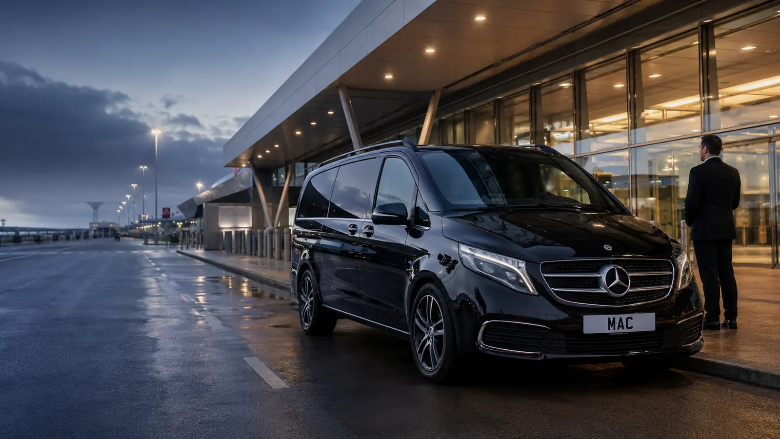 Black Mercedes V-Class prepared for a Manchester Airport chauffeur journey to London