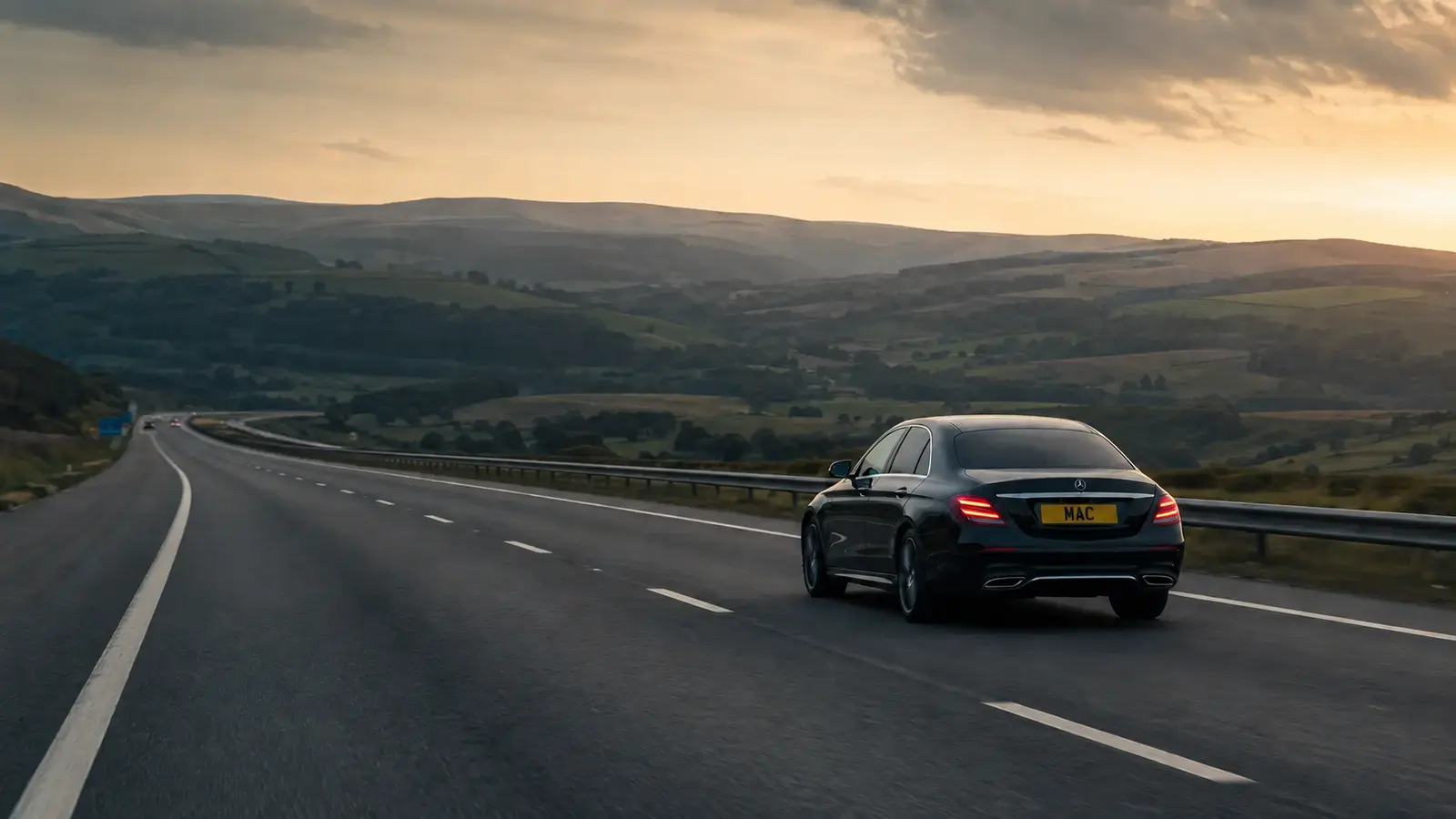 Mercedes executive vehicle travelling through the Pennines between Manchester and Leeds