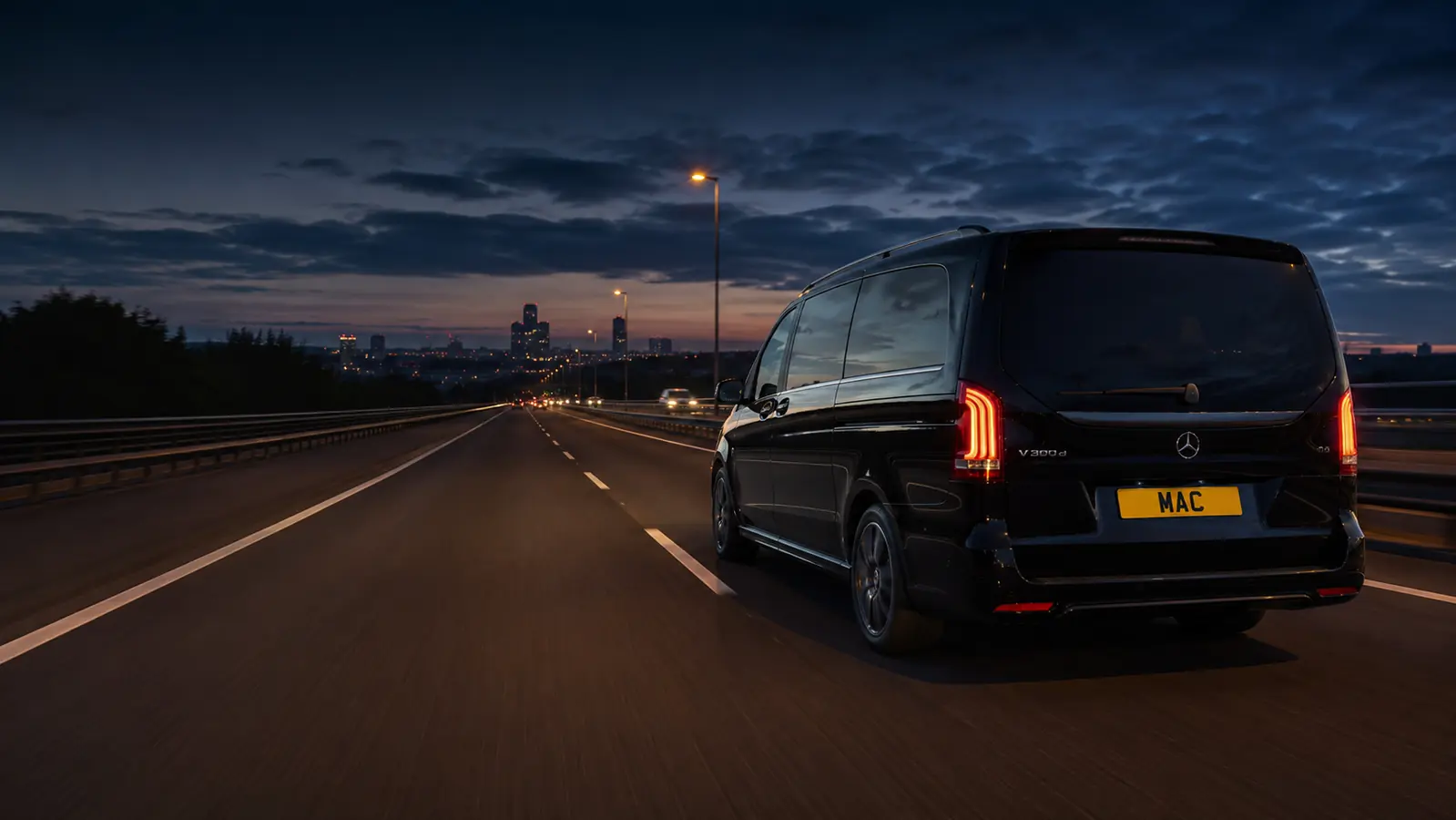 Mercedes chauffeur vehicle on a long-distance road journey from Manchester