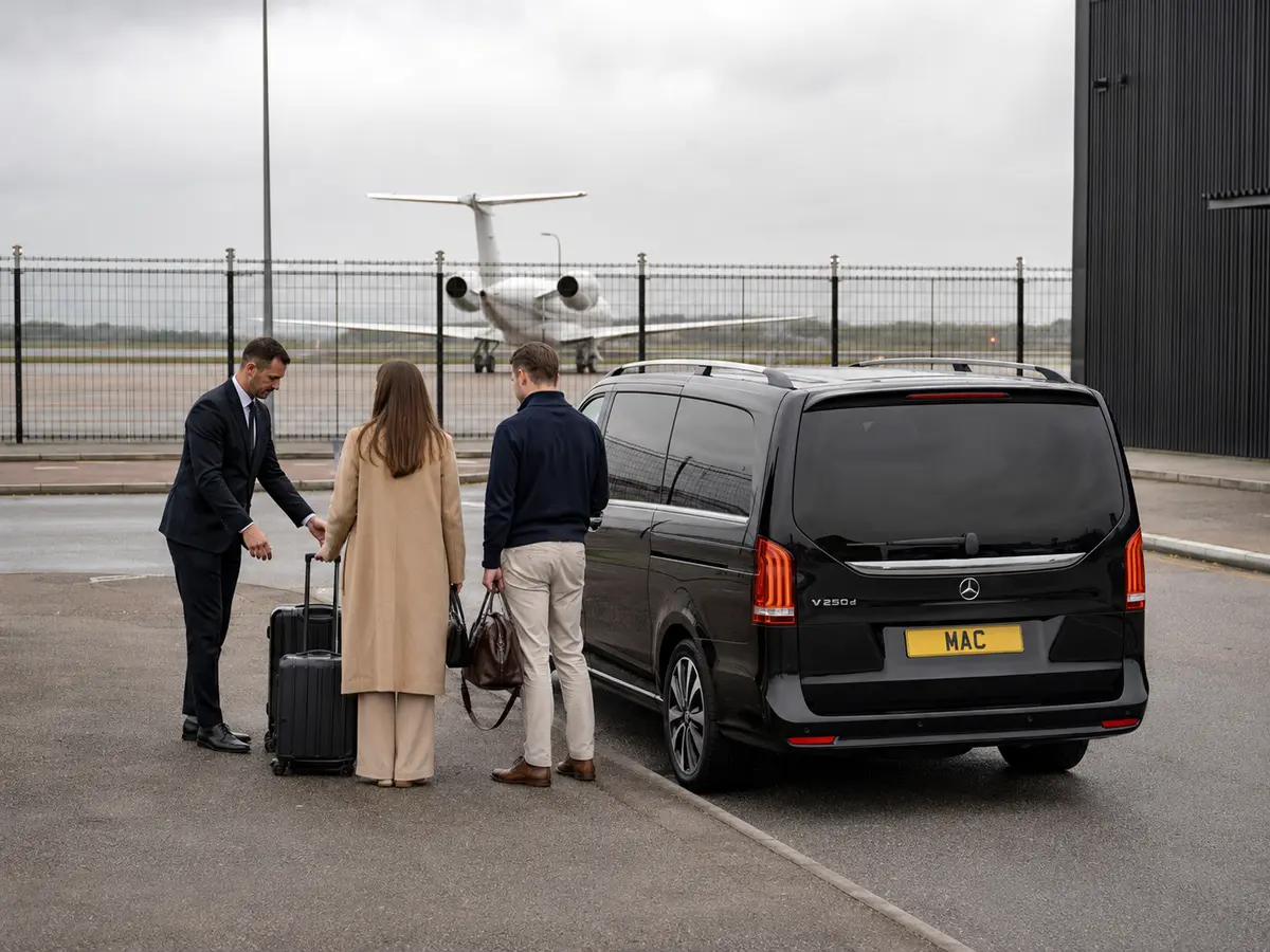 MAC chauffeur vehicle at a landside private-aviation meeting point