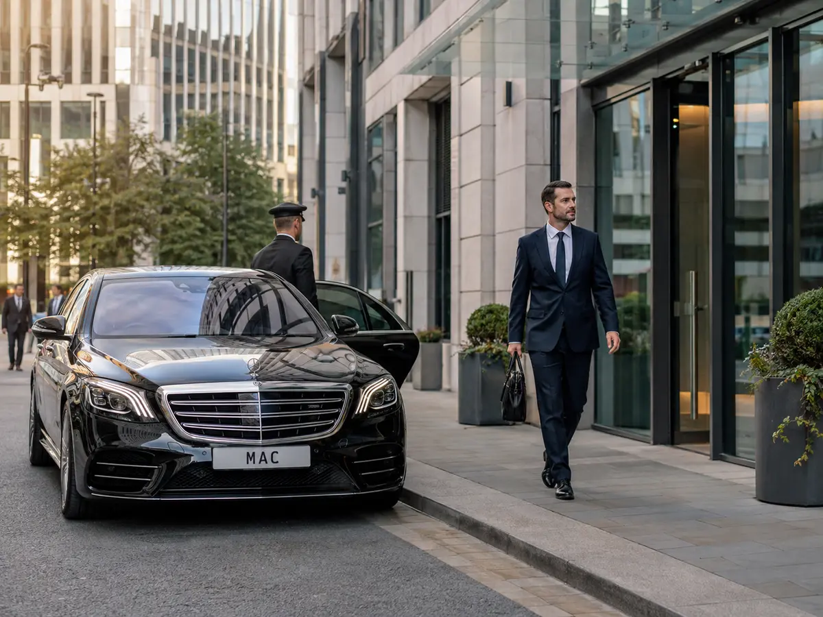 Black MAC Mercedes arriving for a corporate chauffeur journey in Spinningfields
