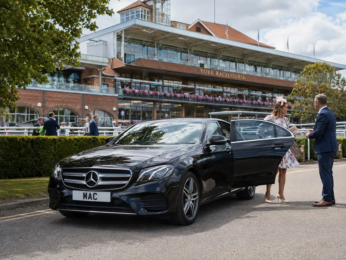 MAC Mercedes arriving for a chauffeur journey to York Racecourse