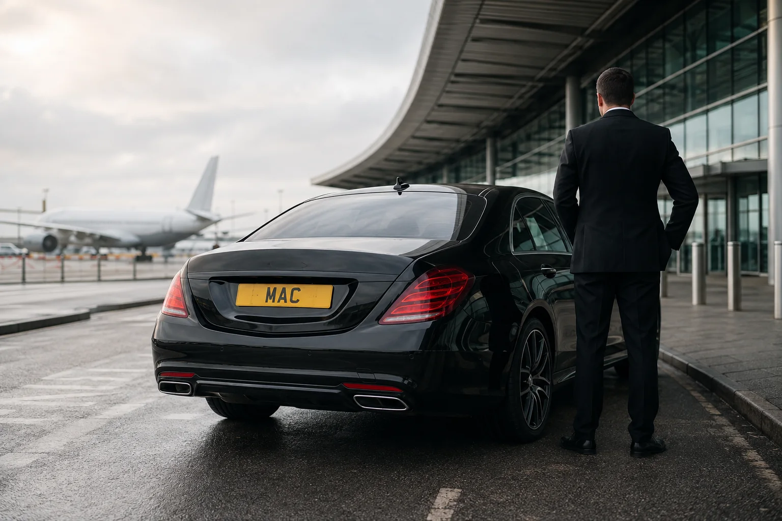 Mercedes chauffeur collection outside Manchester Airport for a journey to Liverpool